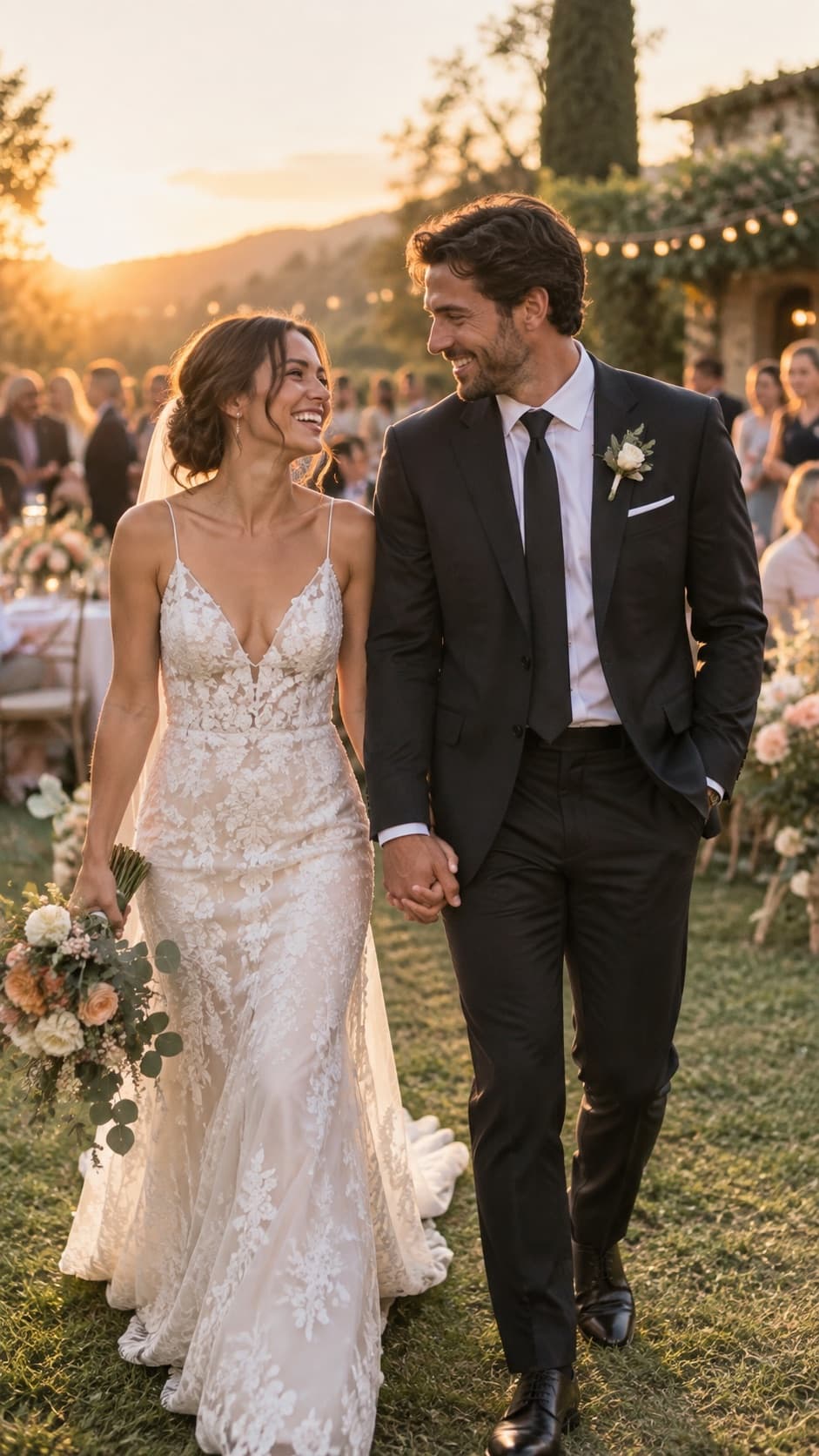 Newly married couple celebrating